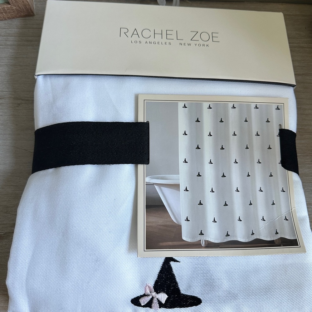 Rachel Zoe White Shower Curtain with Black Hat Pattern